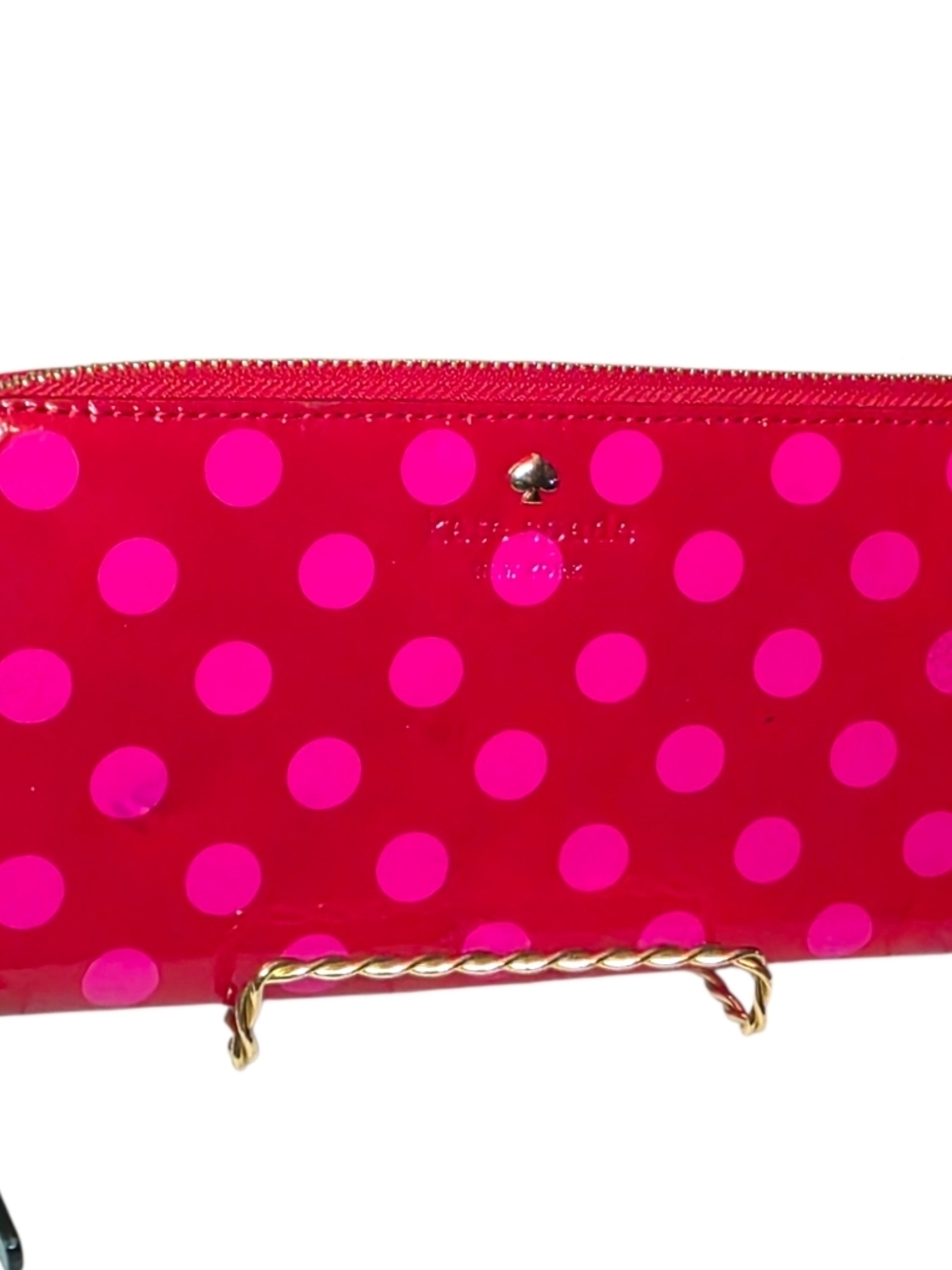 Kate Spade Polka Dot Zip Around Wallet Red Pink Patent Leather Large Wallet